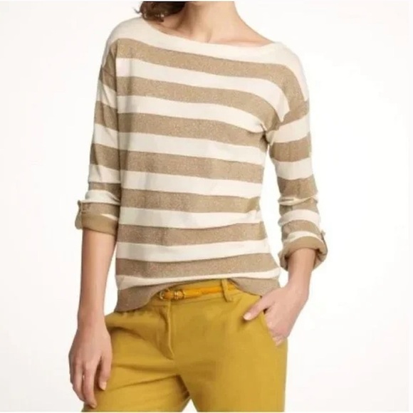 J. Crew Wool Blend Roll Button Long Sleeve‎ Top Striped Gold Shimmer White XS - Picture 1 of 7